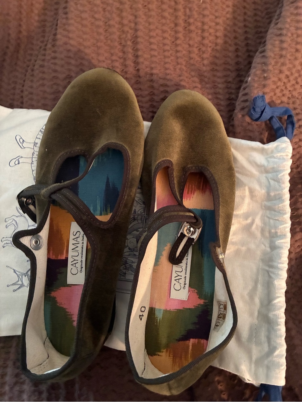 CAYUMAS Olive Green Velvet Mary Jane Flats with Buckle Strap
